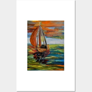 A father and his two sons out for a evening sailing at sunset . Posters and Art